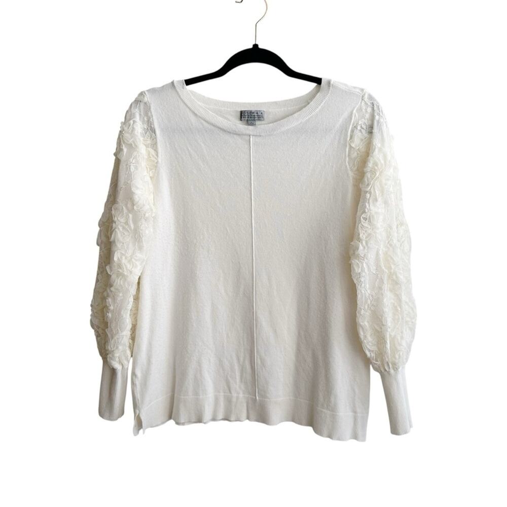 Joseph A Cream Sweater with 3D Lace Tulle Floral Puff Sleeves Small